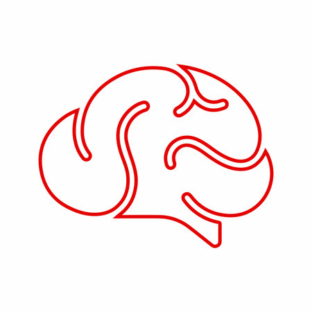 A minimalist, red outline of a human brain, showcasing its cerebral cortex with abstract, flowing lines on a white background.のイラスト素材