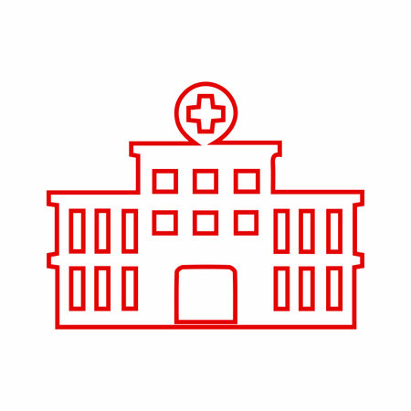 A minimalist, stylized red outline drawing of a hospital building. It features a prominent medical cross symbol on its roof.のイラスト素材