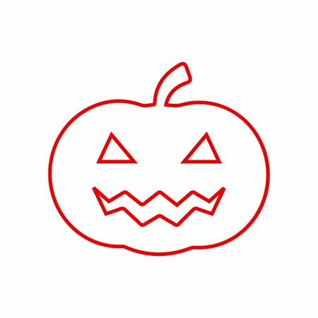 A minimalist red outline drawing of a classic jack o lantern pumpkin with triangular eyes and a jagged mouth, perfect for Halloween designs.のイラスト素材
