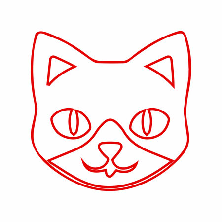 A minimalist, red outline drawing of a cat's face with large eyes and pointed ears. The design is simple and stylized.のイラスト素材