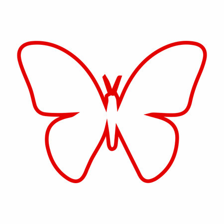 A minimalist red outline of a butterfly with four wings and antennae, set against a clean white background. This is a simple graphic.のイラスト素材