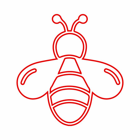 A minimalist, stylized illustration of a bee with its wings spread, rendered in a bold red outline against a white background.のイラスト素材