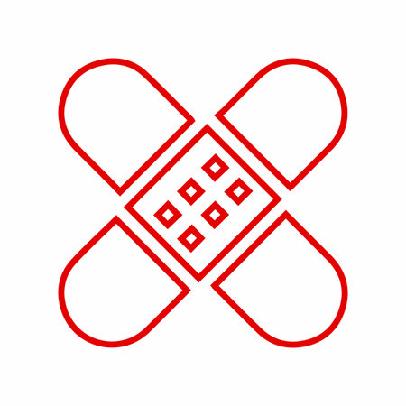 A simple red line drawing of a bandage with a diamond pattern in the center. It is on a white background.のイラスト素材