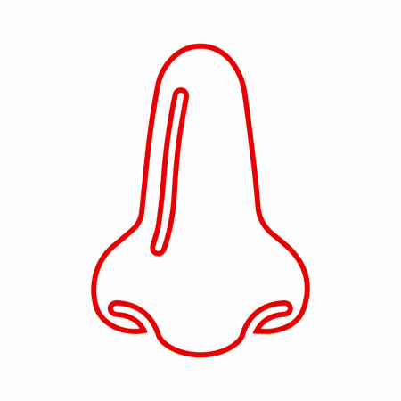 A minimalist illustration of a human nose depicted with a single, continuous red line against a white background.のイラスト素材