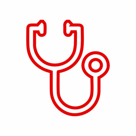 A simple, clean red outline of a stethoscope, representing medical care, diagnosis, and health services.のイラスト素材