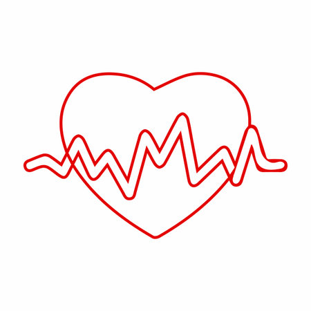 A simple red line depicting a heartbeat rhythm is drawn across the center of a red outline of a heart. The image is on a white background.のイラスト素材