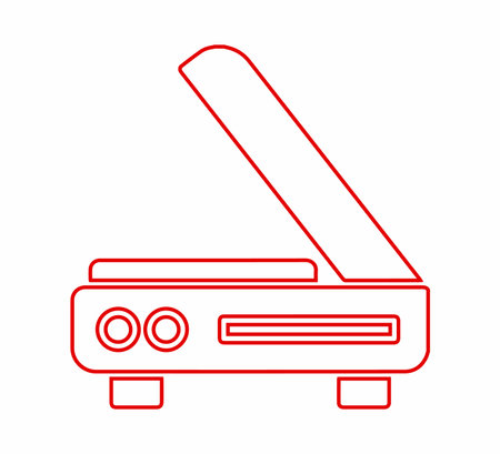A simple red line art illustration of a scanner with its lid open, showing its components and base.のイラスト素材