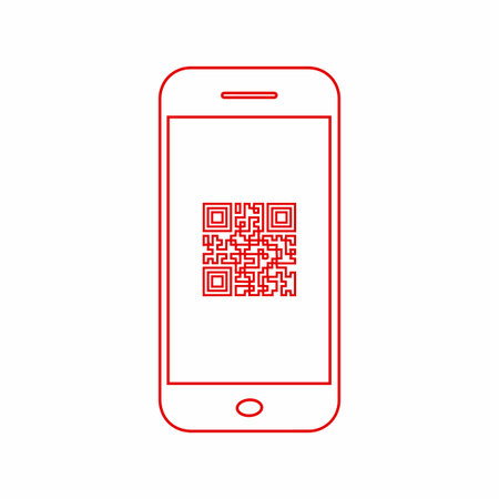 A minimalist illustration of a smartphone with a red QR code displayed on its white screen. The phone has a simple outline.のイラスト素材