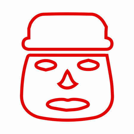 A simple red outline graphic representing a sheet face mask with eye, nose, and mouth cutouts.のイラスト素材