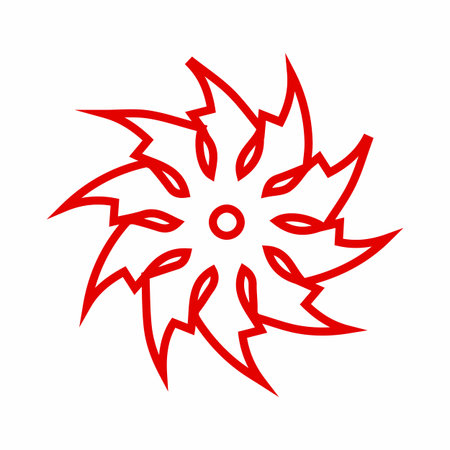 A vibrant red, abstract geometric design resembling a starburst or stylized flower with sharp, angular petals radiating from a central circle.のイラスト素材
