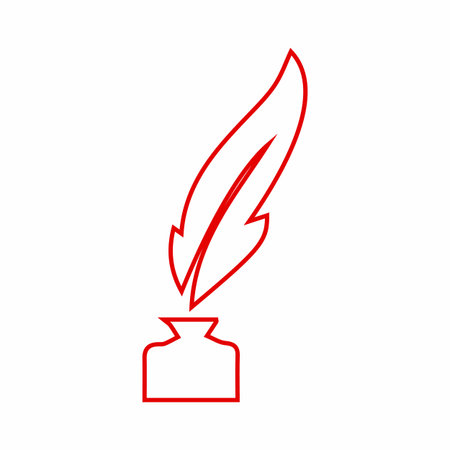 A simple, stylized red outline of a quill pen poised above an inkwell, symbolizing writing, literature, and creative expression.のイラスト素材