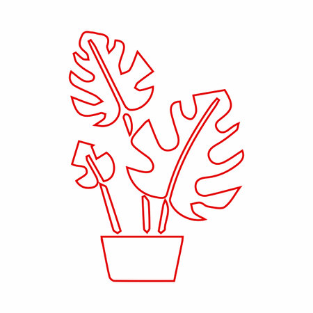 A minimalist illustration of a Monstera plant in a pot, depicted with bold red outlines against a white background.のイラスト素材