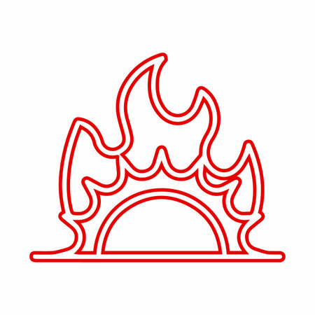A graphic illustration featuring a stylized outline of flames rising above a curved shape resembling a sun or moon, all in red.のイラスト素材