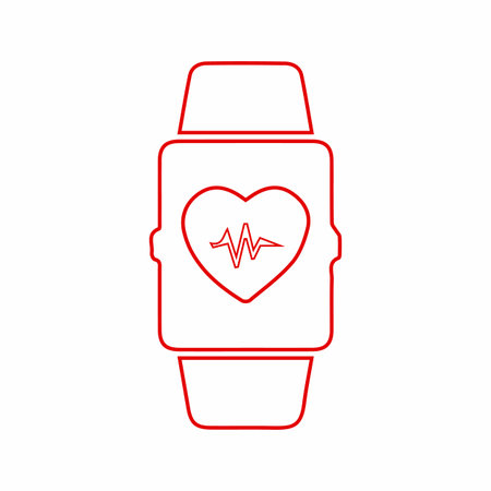 A stylized outline drawing of a smartwatch displaying a heart symbol with a cardiogram line inside, signifying health tracking.のイラスト素材