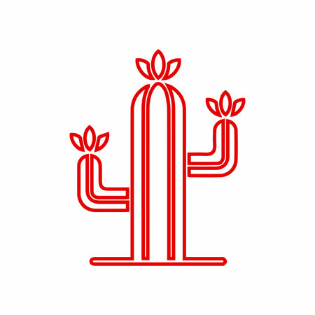 A minimalist, stylized icon of a saguaro cactus with three blooming flowers. The design features bold red outlines and a creamy white fill.のイラスト素材
