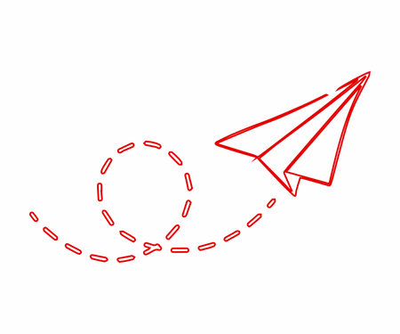 A simple red line drawing of a paper airplane leaving a dashed trail as it flies upwards and to the right.のイラスト素材