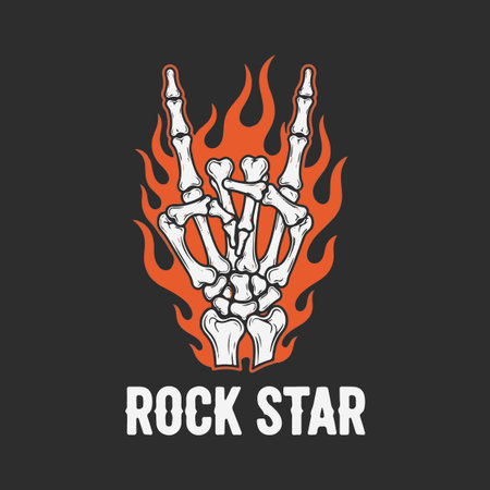 Show your love for rock music with this cool t-shirt featuring a skeleton hand making the rock 'n' roll sign, surrounded by fiery flames. Perfect for concerts, festivals, or everyday wear for any music enthusiast.のイラスト素材
