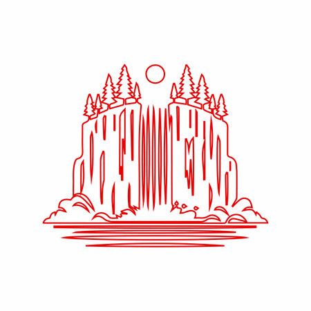Scenic waterfall cliff and cascade illustration art. Outline landscape with trees and water flow.  Nature river stream falls scenery.のイラスト素材