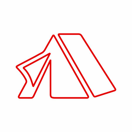 Tent outline illustration. Red icon for camping, shelter, and accommodation for adventure. Tourist destination and outdoor journey.のイラスト素材