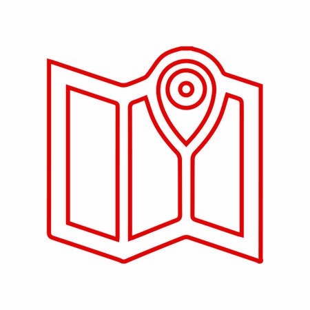 Map pointer outline illustration. Red icon for location guide, destination concept. Navigation, travel direction design resource.のイラスト素材