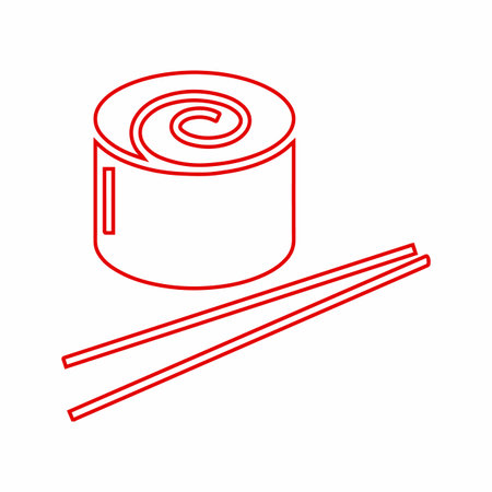 Red outline illustration of sushi roll. Perfect for menus, food design, restaurant design. Vector on transparent background isolated.のイラスト素材