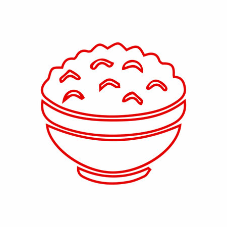 Red outline illustration of rice bowl. Perfect for menus, food design, restaurant design. Vector on transparent background isolated.のイラスト素材