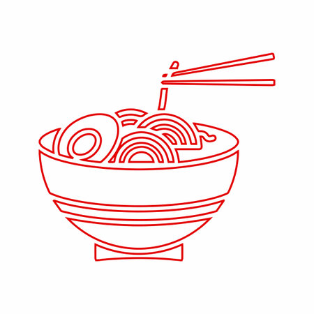 Red outline illustration of noodle bowl. Perfect for menus, food design, restaurant. Vector on transparent background isolated.のイラスト素材