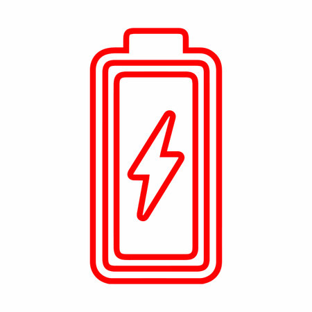 Red battery icon charge symbol design. Energy power sign vector graphic isolated on transparent background. Simple line style illustration.のイラスト素材