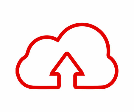 A simple, stylized red outline of a cloud with an upward-pointing arrow inside, representing cloud upload or data transfer.のイラスト素材
