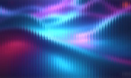 Abstract vibrant neon light waves in blue and purple, dynamic ribbed texture.の写真素材