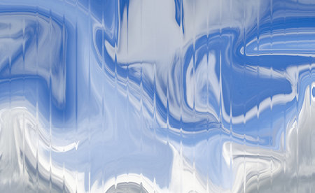 Serene blue and white liquid texture abstract background with flowing wavy linesの写真素材