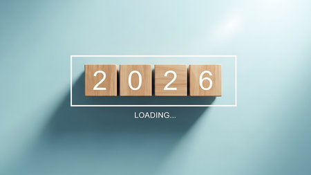 New year 2026 loading concept depicted by wooden blocks and a progress bar, symbolizing future planning, anticipation, goals, and business growth.の素材