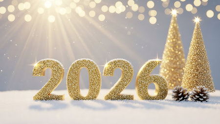 Glittering golden 2026 numbers in fresh snow with festive bokeh lights, sparkling miniature christmas trees, and pinecones creating a joyful winter holiday greeting backdrop.の素材