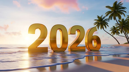 Golden 2026 numbers on a serene tropical beach at sunset, gentle ocean waves, palm trees, symbolizing a bright new year and future success.の素材