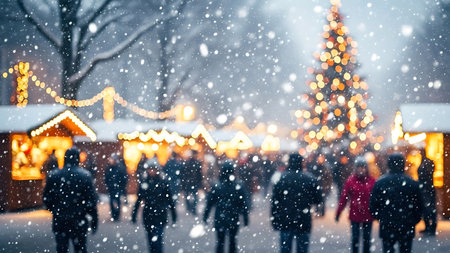 Blurred festive winter christmas market with people, falling snow, bright bokeh lights from stalls and a glowing christmas tree creating holiday mood.の素材