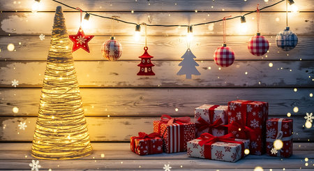 A festive Christmas display featuring a glowing tree, decorated ornaments, and a pile of wrapped presents against a rustic wooden background.の素材