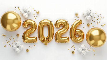 A festive composition featuring golden foil balloons forming the year 2026, surrounded by shimmering confetti, golden spheres, and decorative white speckled balls on a clean white background. Perfect for New Year's celebrations, future events, and holiday greetings.の素材
