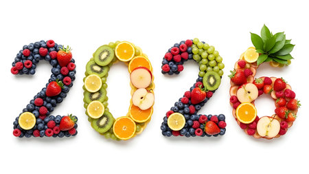 The year 2026 is creatively formed using an assortment of fresh, colorful fruits including blueberries, raspberries, strawberries, kiwi, oranges, lemons, grapes, and apple slices, all arranged on a pristine white background. This vibrant composition symbolizes health, nutrition, and a fresh start for the future year.の素材