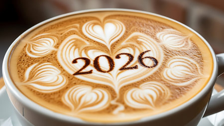 A close-up view of a beautifully crafted latte featuring intricate foam art. The number 2026 is clearly visible in chocolate powder, surrounded by delicate heart and leaf patterns, creating a unique and inviting design. This image evokes themes of new beginnings, celebrations, and future prospects.の素材
