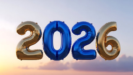 Golden and blue foil balloons spelling out the year 2026, set against a soft, colorful sky background. Ideal for new year celebrations, future planning, or event promotions.の素材