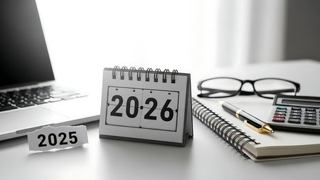 A professional desk setup featuring a flip calendar displaying 2026, symbolizing future planning and financial preparation. The scene includes a laptop, calculator, notebook, pen, and reading glasses, representing business, finance, and office work. A piece of paper with 2025 indicates the transition into the new year.の素材