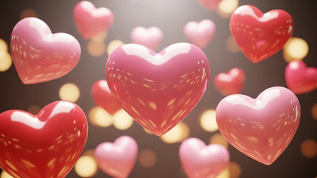 A collection of vibrant pink and red heart shapes float against a dark, blurred background with warm bokeh lights.の素材