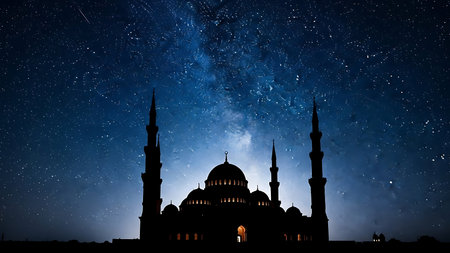 A silhouetted mosque with minarets and a dome stands against a vibrant, star-filled night sky with the Milky Way visible.の素材