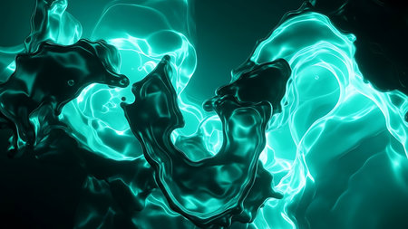 A dark background highlights dynamic, swirling patterns of bright teal light, creating an ethereal and energetic abstract composition.の素材