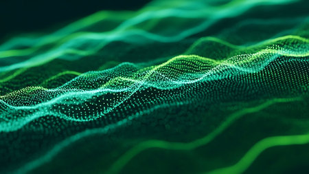 A mesmerizing abstract digital visualization featuring undulating green waveforms composed of countless tiny particles and dots.の素材