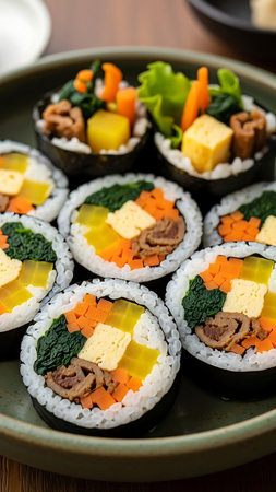 Delicious Korean Kimbap rolls filled with vegetables, meat, and rice, served on a green ceramic plate, perfect for food and culinary conceptsの素材