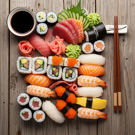 High-quality image of various sushi and sashimi arranged on a wooden table with soy sauce and chopsticks, perfect for culinary and restaurant promotions.の素材