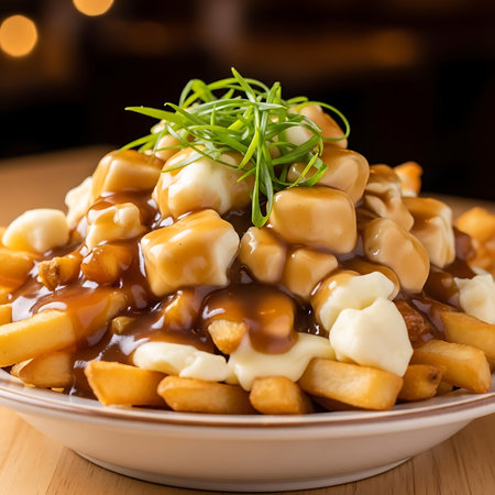Appetizing poutine with cheese curds, gravy, and green onions served in a bowl on a wooden table, perfect for food and restaurant concepts.の素材