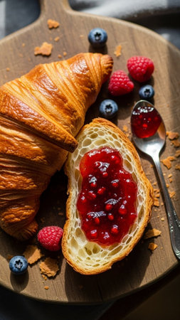 Delicious croissant with red jam and fresh berries on a rustic wooden board, perfect for breakfast or snackの素材