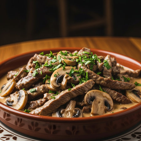Savory beef stroganoff with sautÃ©ed mushrooms and fresh herbs, served in a decorative ceramic bowl, perfect for culinary and food concepts.の素材